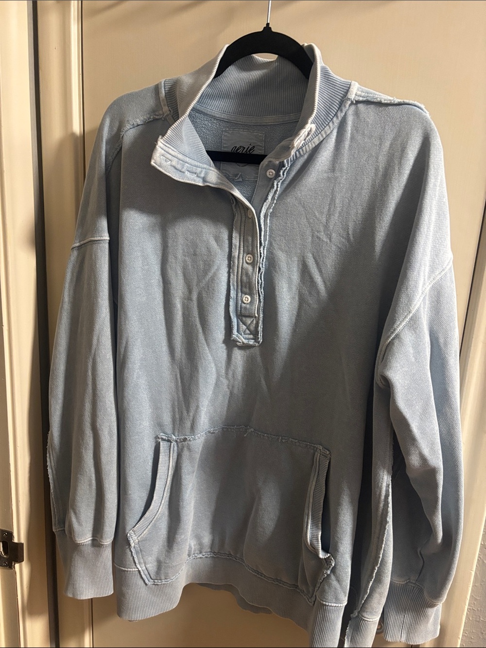 Aerie Light Blue Button Henley Pullover Sweatshirt Large